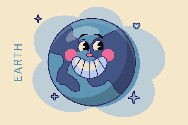 Vektor zeichentrickfilm-earth-lächel-symbol im comic-wort-lächelstil