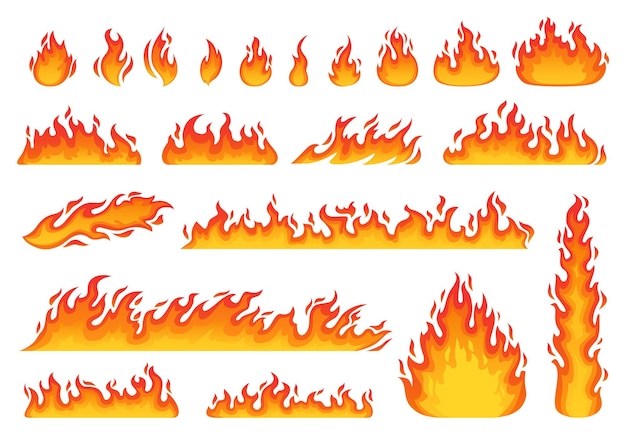 Zeichentrickfilm-feuerflammen-set heiße lagerfeuerelemente brennwirkungen vektorsymbole