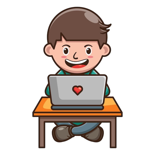 Zeichentrickfilm-Figur des Kindes, das an Laptop arbeitet. Kostenlose Vektor