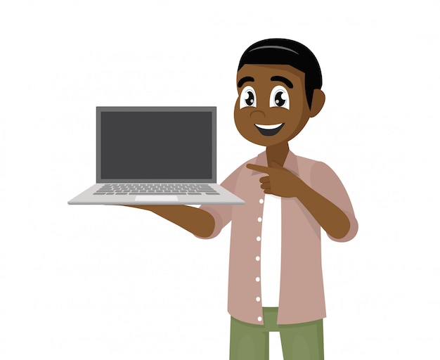 Zeichentrickfilm-Figur wirft, der glückliche afrikanische Mann auf, der den leeren Bildschirm einer Laptop-Computer hält oder zeigt und Handfinger zeigt.