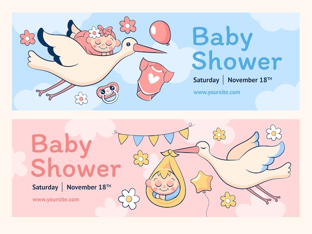 Vektor zeichentrickfilm-horizontal-banner-vorlage-sammlung für babyshower mit einem storch, der ein baby trägt