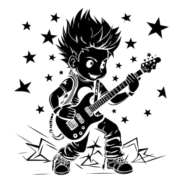 Vektor zeichentrickfilm-junge spielt e-gitarre vektor-illustration von rockmusiker