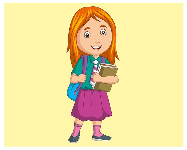 Zeichentrickfilm-Schulmädchen in Uniform mit Buch- und Rucksack-Vektorillustration