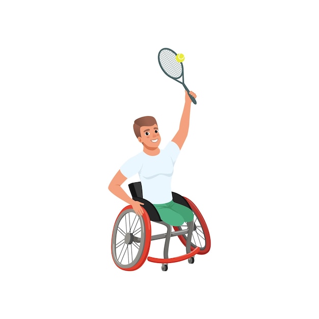 Zeichentrickfilm-sportler mit körperlicher behinderung spielt tennis junge fröhliche mann ohne beine sitzt im rollstuhl aktive person farbiges flaches vektordesign isoliert auf weißem hintergrund
