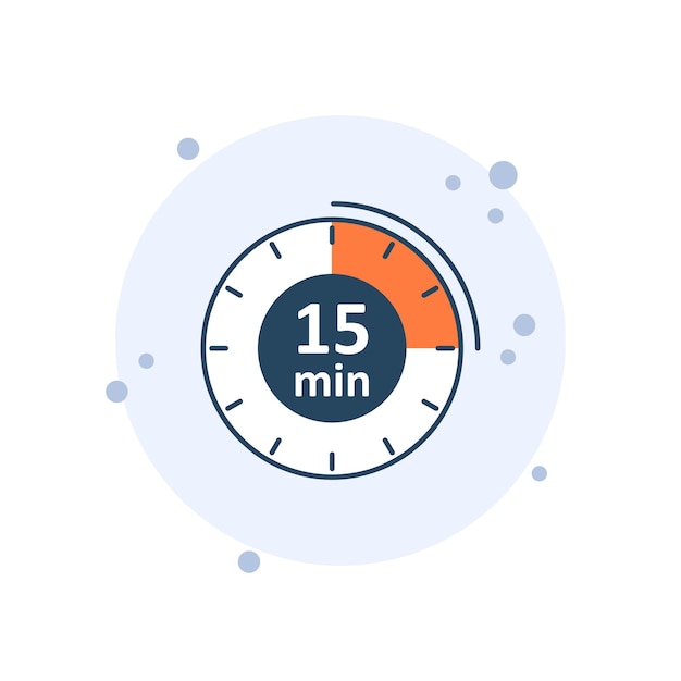Zeichentrickfilm-Uhr-Symbol-Vektor-Illustration 15 Min-Timer auf Blasen-Hintergrund Countdown-Zeichen-Konzept
