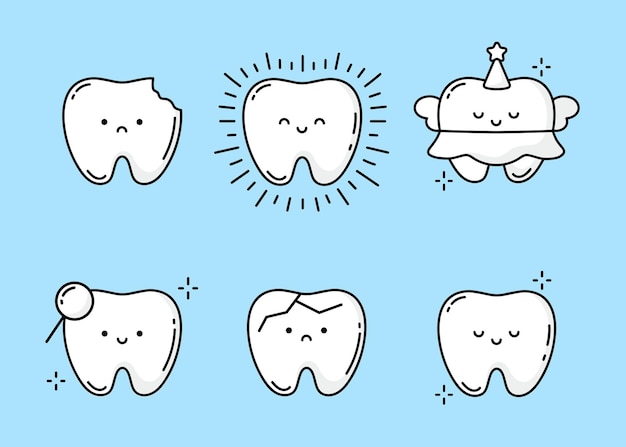 Zeichentrickfilm-zahnmaskottchen glückliche lächelnde zähne behandlung charaktere zahnmaskotte vektor-illustration
