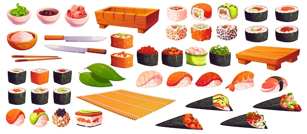 Zeichentrickfilme für japanische Sushi-Getränke und Rollen