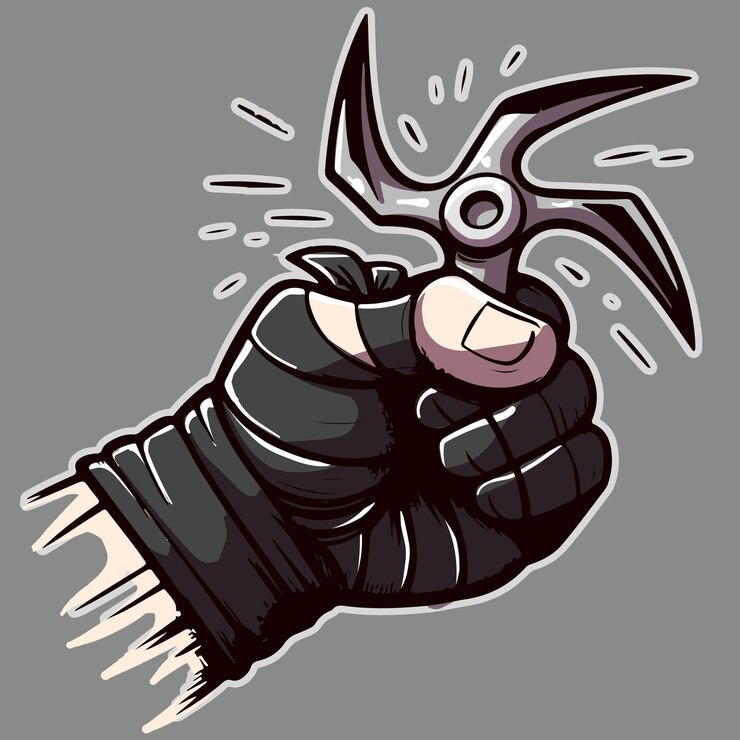 Vektor zeichentrickfilme von einer ninja-hand, die einen shuriken hält konzeptkunst von einem samurai, der eine metallklinge hält