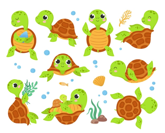 Zeichentrickschildkröten tierschildkröte lächelnde schildkröte verschiedene posen walk-action mit niedlichen wilden charakteren isolierte tiere shell exakter vektorsatz