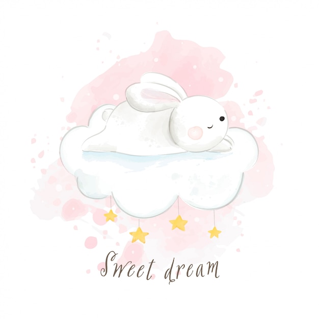 Zeichne ein süßes Kaninchen, das auf einem so glücklichen und süßen Traum schläft.