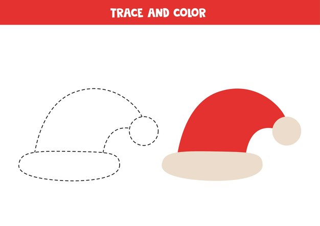 Zeichne und färbe die süße Weihnachtsmütze. Arbeitsblatt für Kinder.