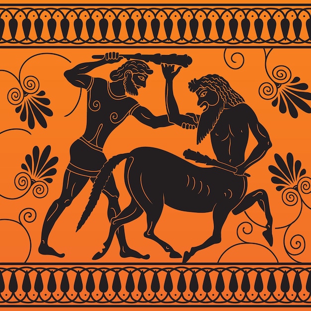 Zeichnen im altgriechischen Stil. Mythologische Geschichte Altgriechischer Mann, der mit einem Zentaurenwitz kämpft