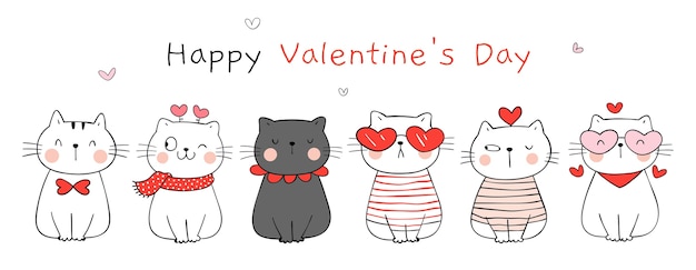 Zeichnen sie die glückliche liebe der niedlichen katze zum valentinstag