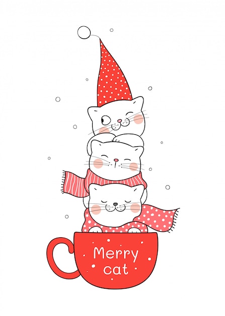 Zeichnen sie katze im roten tasse kaffee für weihnachten und neues jahr.