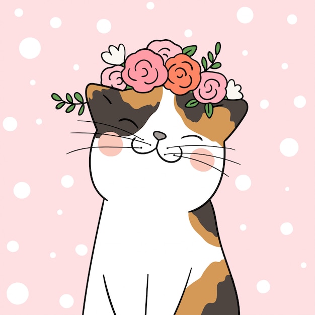 Zeichnen sie katze mit schönheitsblume auf kopf im rosa pastell.