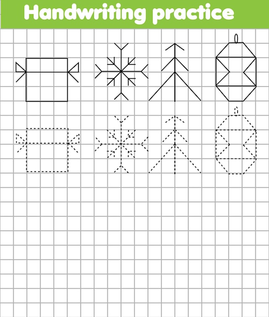 Zeichnen sie nach raster kopieren sie bildlernspiel für kinder und kinder grundlegende schreibfähigkeiten für kleinkinder neues jahr und weihnachtsthema