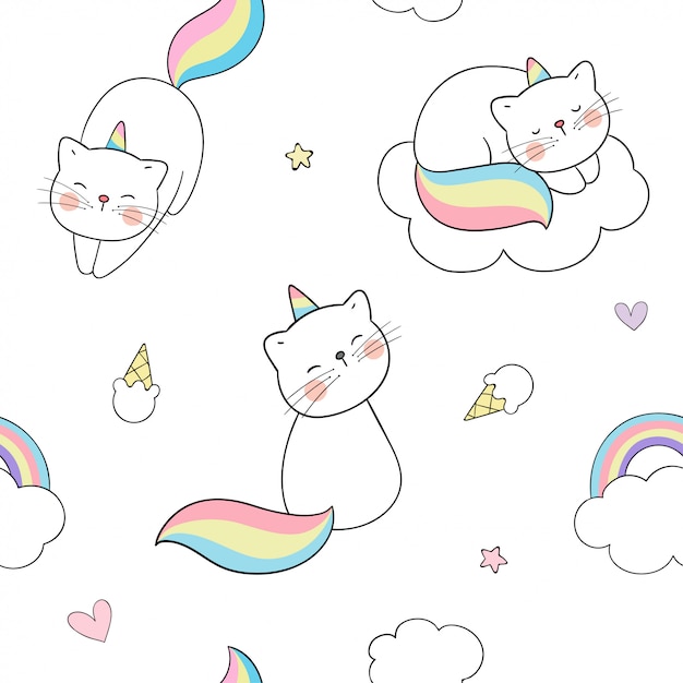 Zeichnen sie nahtloses muster caticorn mit wolken und einem regenbogen.