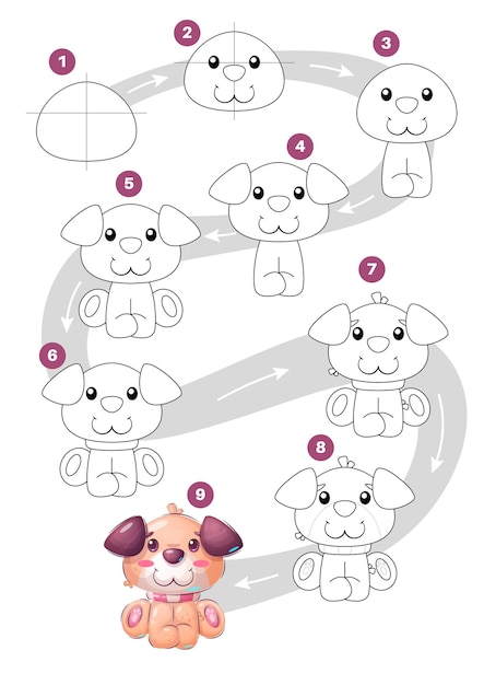 Zeichnen von Zeichentrickfiguren Haushund, Schritt-für-Schritt-Anleitung. Vektoreps 10