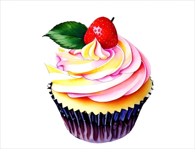 Vektor zeichnender aquarell-cupcake mit sahne und erdbeeren isoliert auf weißem hintergrund