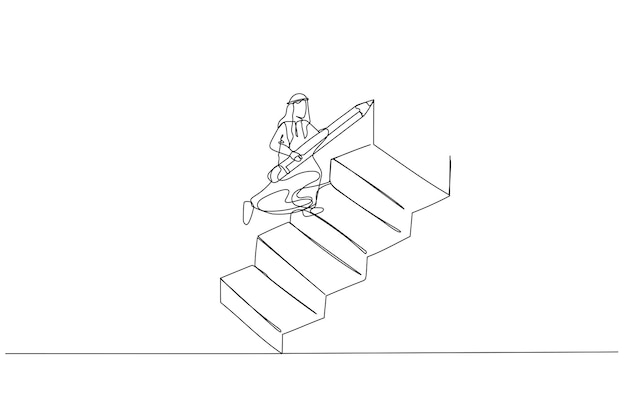 Zeichnung der geschäftsfrau mit bleistift, um eine große treppe zu zeichnen, um zum erfolgskonzept des ehrgeizes aufzusteigen kunst im stil einer linie