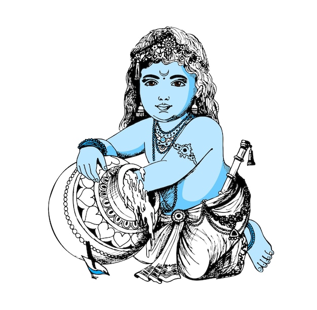 Zeichnung der skizze von lord little krishna, der mit buttertöpfen steht vektorillustration des kindes