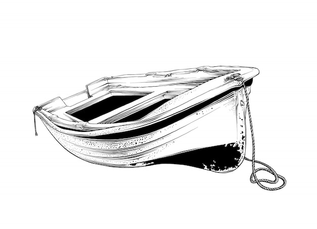 Zeichnung des hölzernen bootes in der schwarzen farbe, getrennt. grafik, handzeichnung.