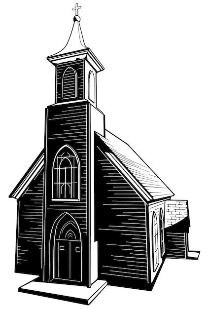 Zeichnung einer christlichen holzkirche schwarze illustration isoliert auf weißem hintergrund vektor