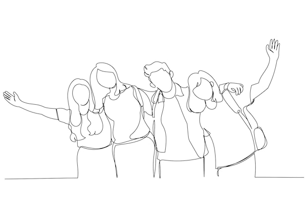 Zeichnung einer Gruppe von Studenten, die am College den Korridor entlang gehen Single Continuous Line Art Style