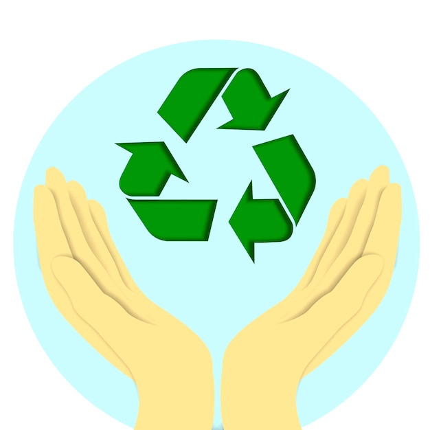 Zeichnung einer offenen hand, die das recycling-pfeilsymbol hält bewusstsein für recycling
