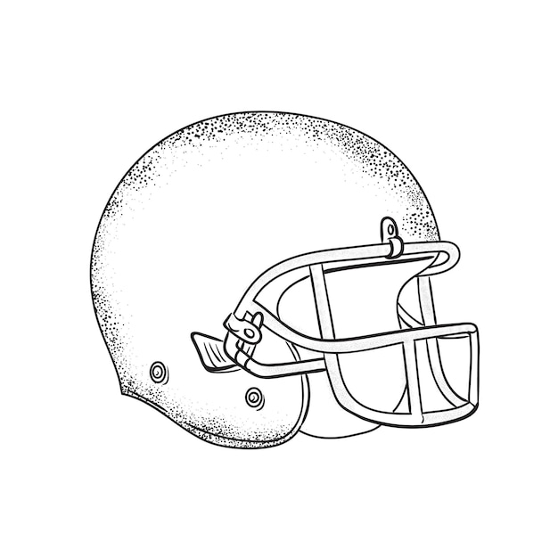 Zeichnung im Sketch-Stil von einem American-Football-Helm, der von der Seite betrachtet wird, auf einem isolierten weißen Hintergrund in Schwarz-Weiß