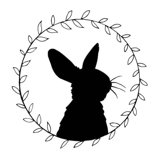 Zeichnung, Vintage-Rahmen mit Osterhasen-Silhouette. minimalistisches Design, Zweigkränze