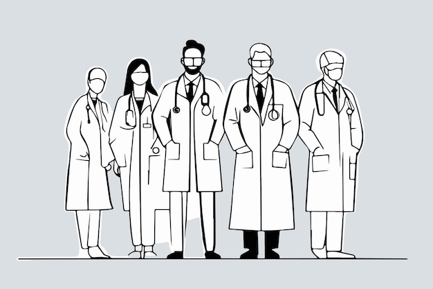 Zeichnung von Gruppen von männlichen und weiblichen Ärzten, die über die Diagnose von Krankheiten und Patienten diskutieren.