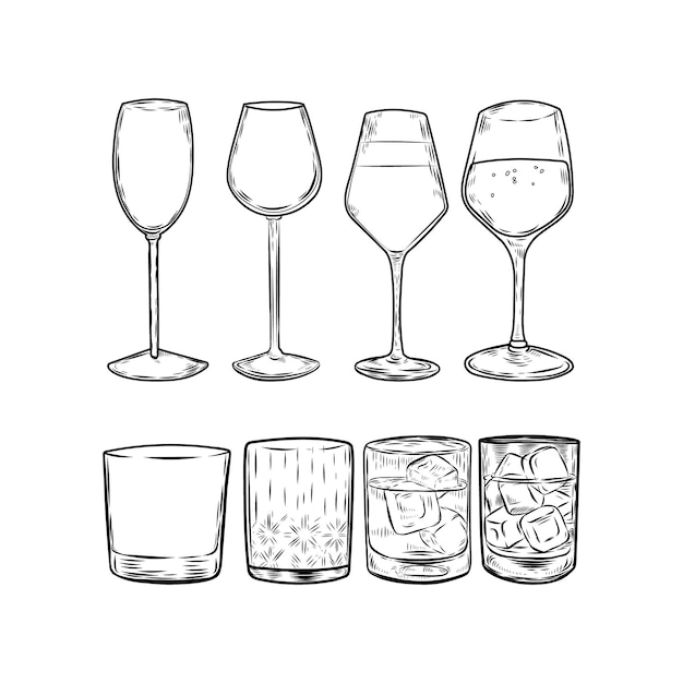 Zeichnung von Weinglasen und Whiskey-Glasen