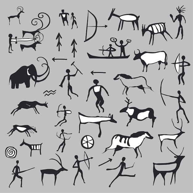 Zeichnungen aus alten höhlenkünsten und symbolen