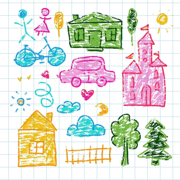 Vektor zeichnungen von kindern set haus schloss baum auto und wolken farbe wachs bleistift vektor illustration hand