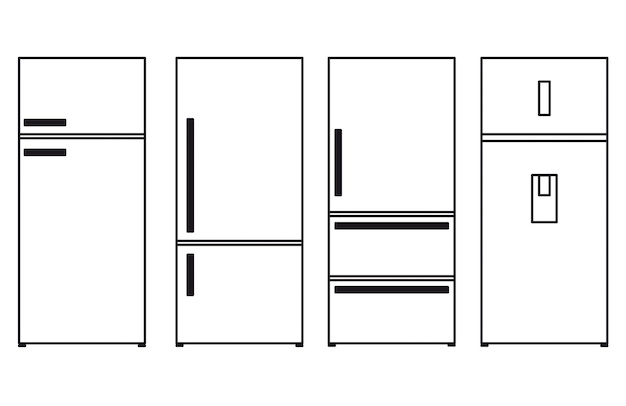Zeichnungen von Kühlschränken in schwarzen Linien auf weißem Hintergrund