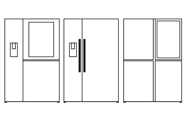 Zeichnungen von zweitürigen Kühlschränken in schwarzen Linien auf weißem Hintergrund
