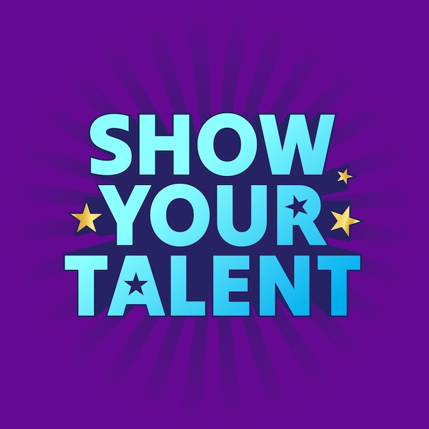 Zeigen Sie Ihr Talent Typographie Logo Vektor-Illustration Blaue Farbgradient 3D-Text-Effekt mit Party