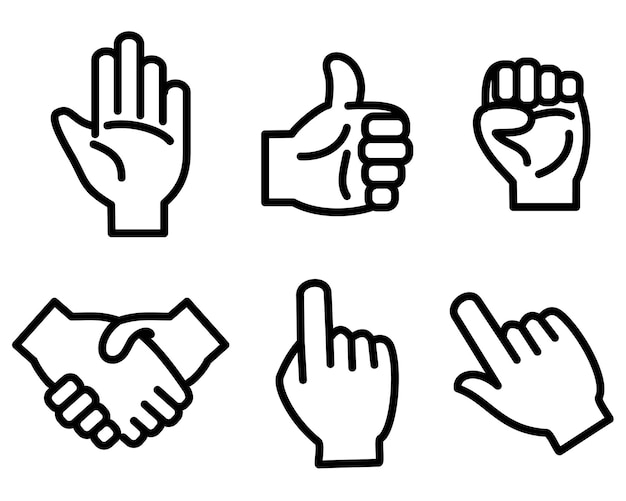 Vektor zeigende finger handgesten emojis-symbolen in linienstil gesetzt