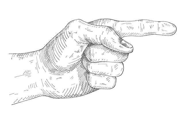 Vektor zeigender finger. einfarbige schraffurillustration des weinlesevektors lokalisiert auf weißem hintergrund. handgezeichnetes gestaltungselement für t-shirt