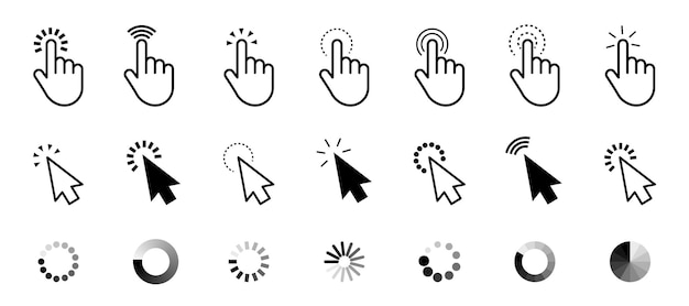 Vektor zeiger-klick-symbole pfeile und hand-cursor-werkzeuge vektor-website-suchsymbole