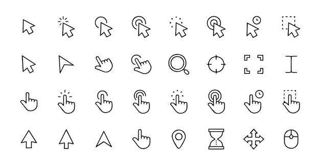 Zeiger- und Cursor-Linien-Symbole Bearbeitbarer Schlag enthält Symbole wie Touch Gesture Selection
