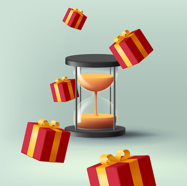 Zeit für geschenke-banner mit 3d-illustration einer glas-sanduhr mit roten geschenkboxen und gelben bändern, die herumfliegen