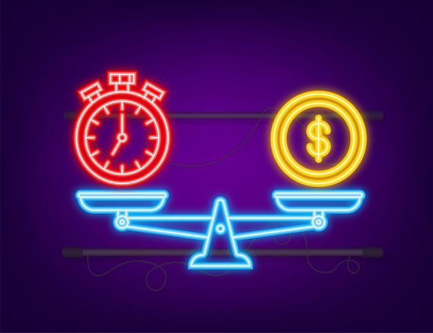 Zeit ist geld auf waage-symbol. neon-symbol. geld- und zeitbilanz im maßstab. vektorgrafik auf lager.