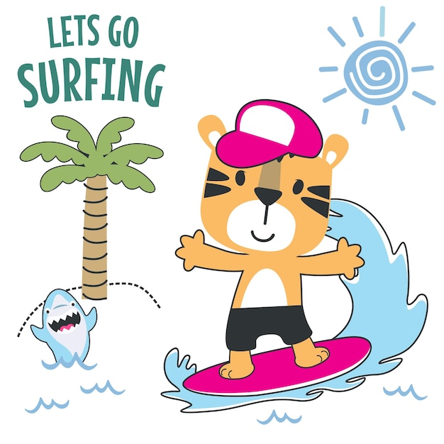 Vektor zeit zum surfen mit dem süßen kleinen tiger im sommer. kann für den t-shirt-druck von kinderkleidung, modedesigns, babyparty-einladungskarten und andere dekorationen verwendet werden