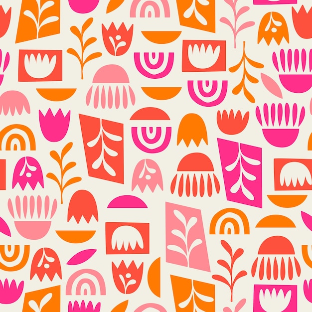 Zeitgenössisches, nahtloses Blumenmuster. Modernes botanisches Design in den Farben Rosa und Orange
