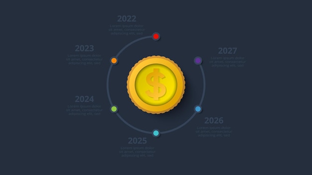 Zeitleiste-infografik mit 6 elementen vorlage für webpräsentationen vorlage für das web auf einem hintergrund