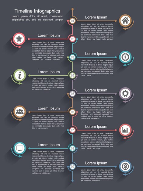 Vektor zeitleiste infografiken designvorlage neun elemente platz für ihre symbole und textvektor eps10 illustration