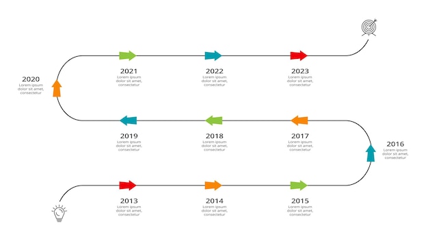 Zeitleiste mit 11 Elementen Infografik-Vorlage für Web-Business-Präsentationen Vektorillustration