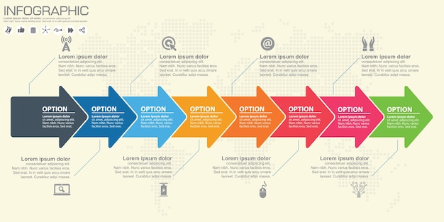 Zeitleiste und pfeil infografik. weltkarte hintergrund